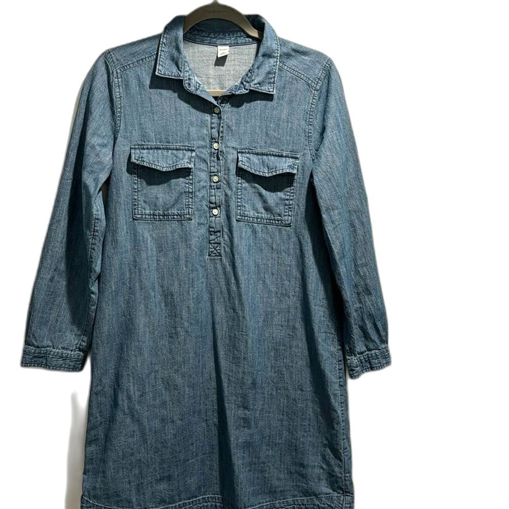 Old navy Women long sleeve half button denim cotton Shirt dress blue size medium